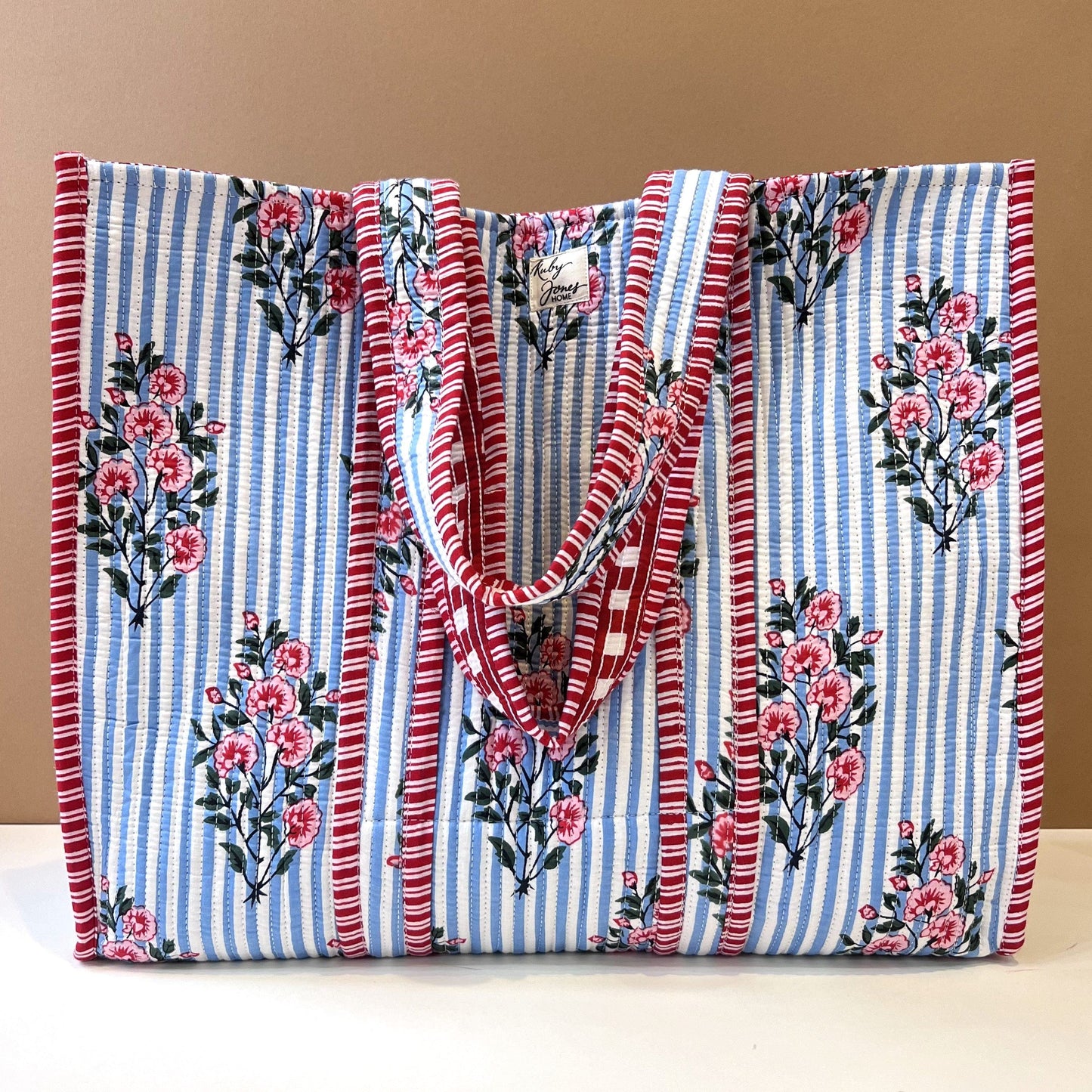 Tote Bags Tote - Pink Posy on Sky Stripes 26855