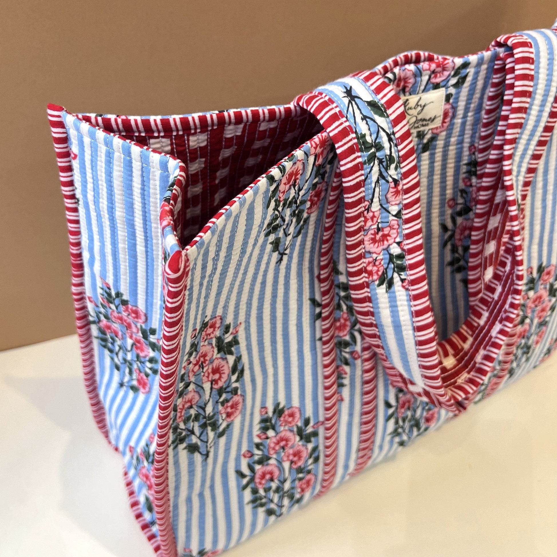 Tote Bags Tote - Pink Posy on Sky Stripes 26855