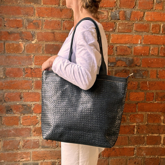 Leather Woven Leather Tote Bag - Black 25146