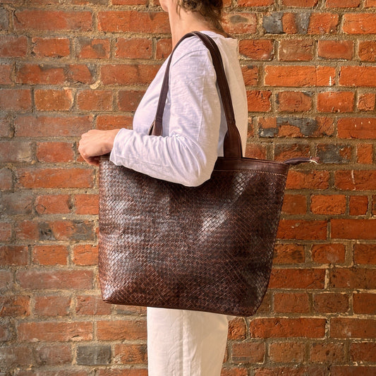Leather Woven Leather Tote Bag - Dark Brown 25147