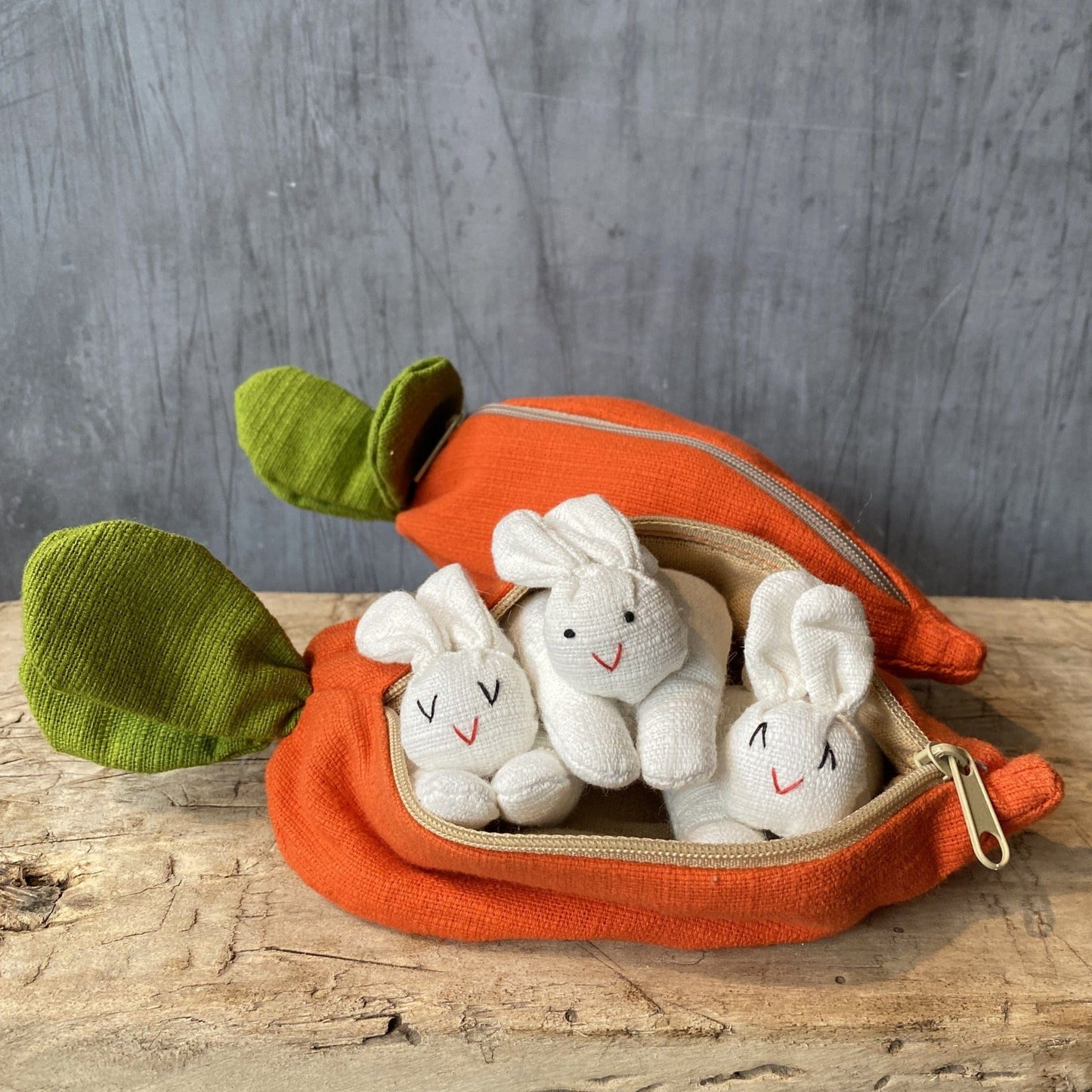 Old Wooden Lady Toys Bunnies in Carrots
