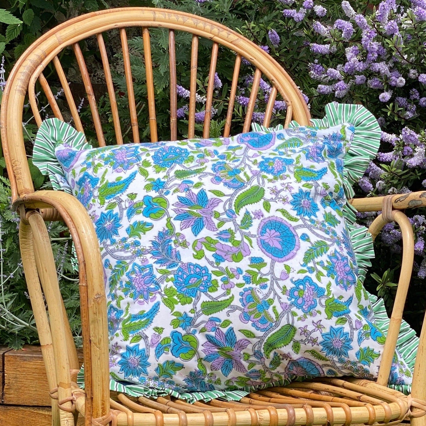 Chippa Arts (Nitin) Cushions Ruffle Cushion - Violet/Blue Floral Grn/Blk Stripe 18677