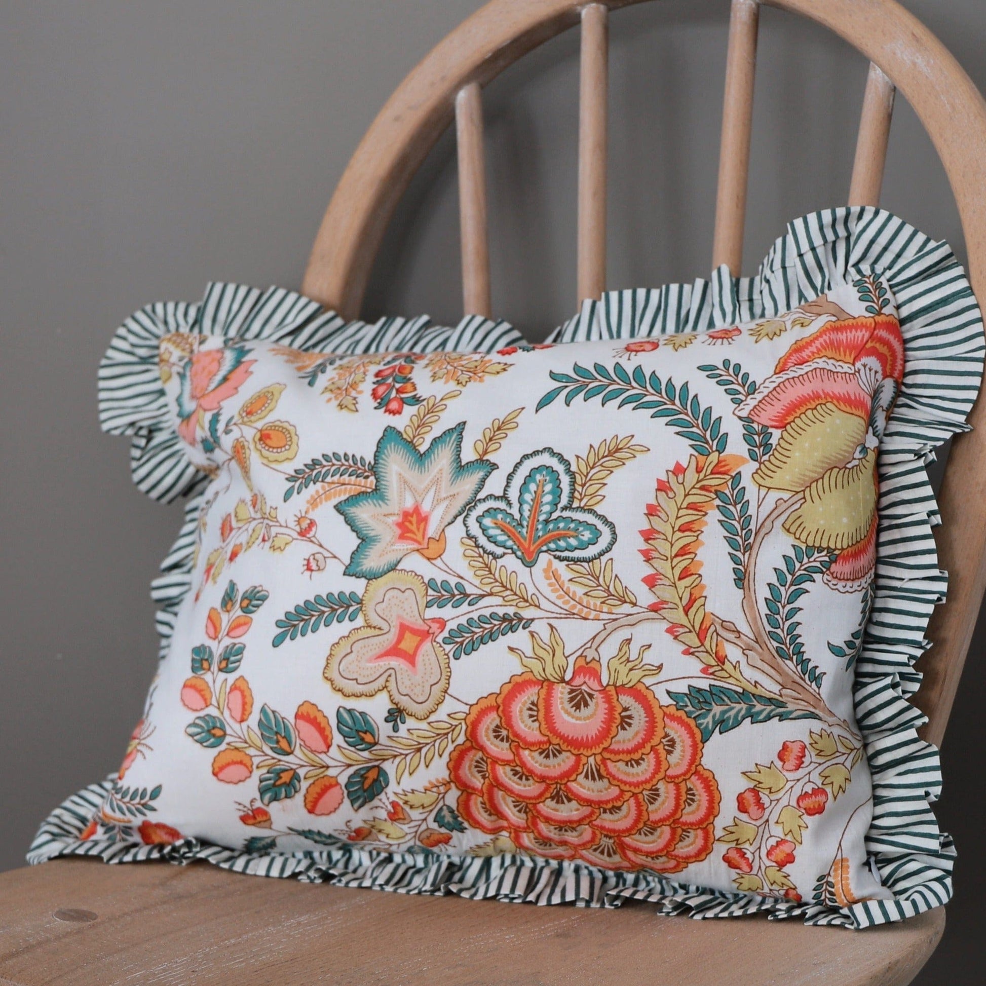 Cushions Small Ruffle Cushion - Apricot and Gold Flowers on White 19476