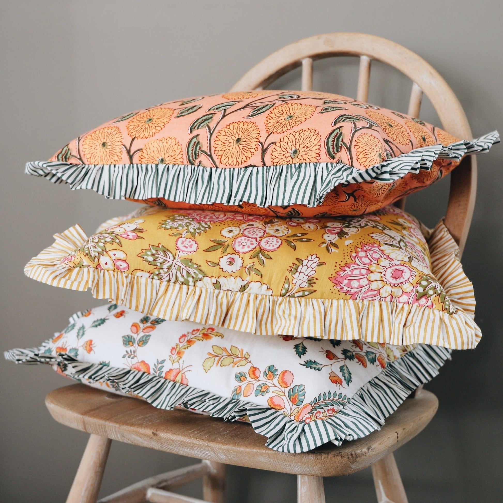 Cushions Small Ruffle Cushion - Apricot and Gold Flowers on White 19476