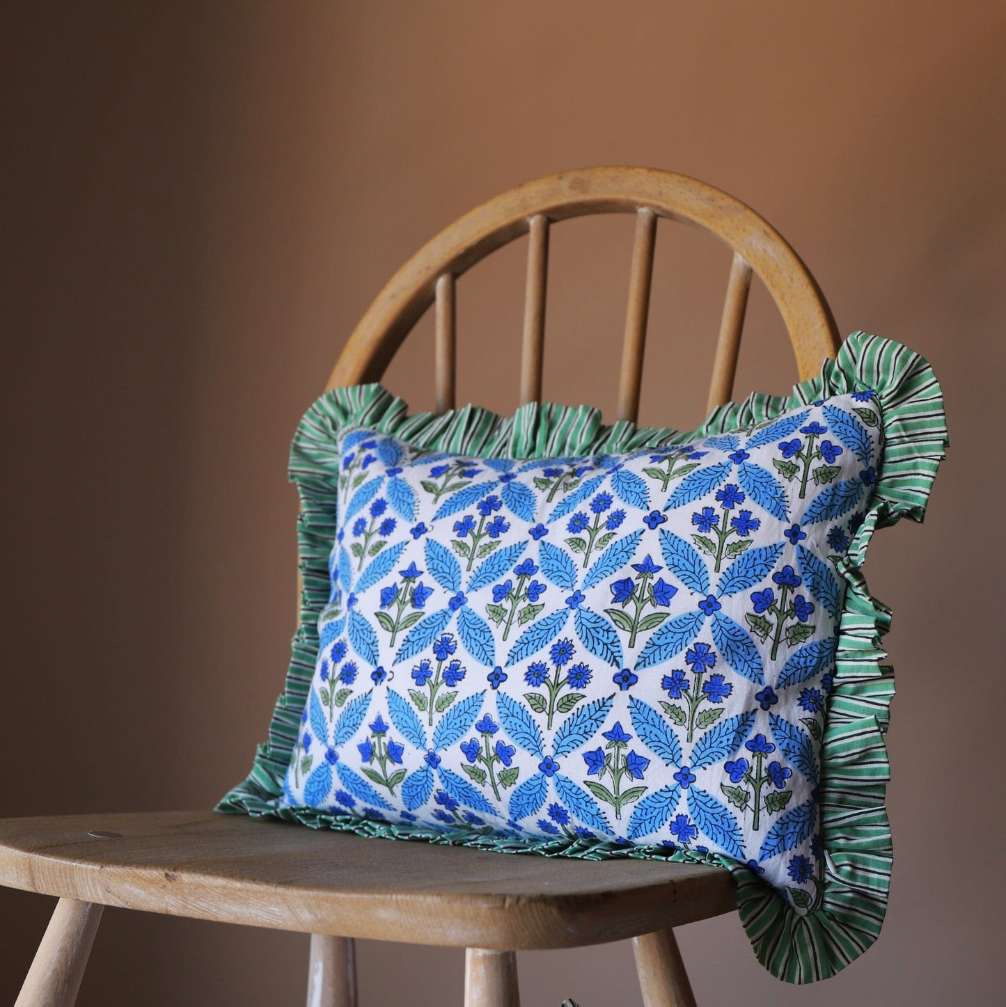 Cushions Small Ruffle Cushion - Blue Floral Symmetrical Green, Black & White Frill 19843