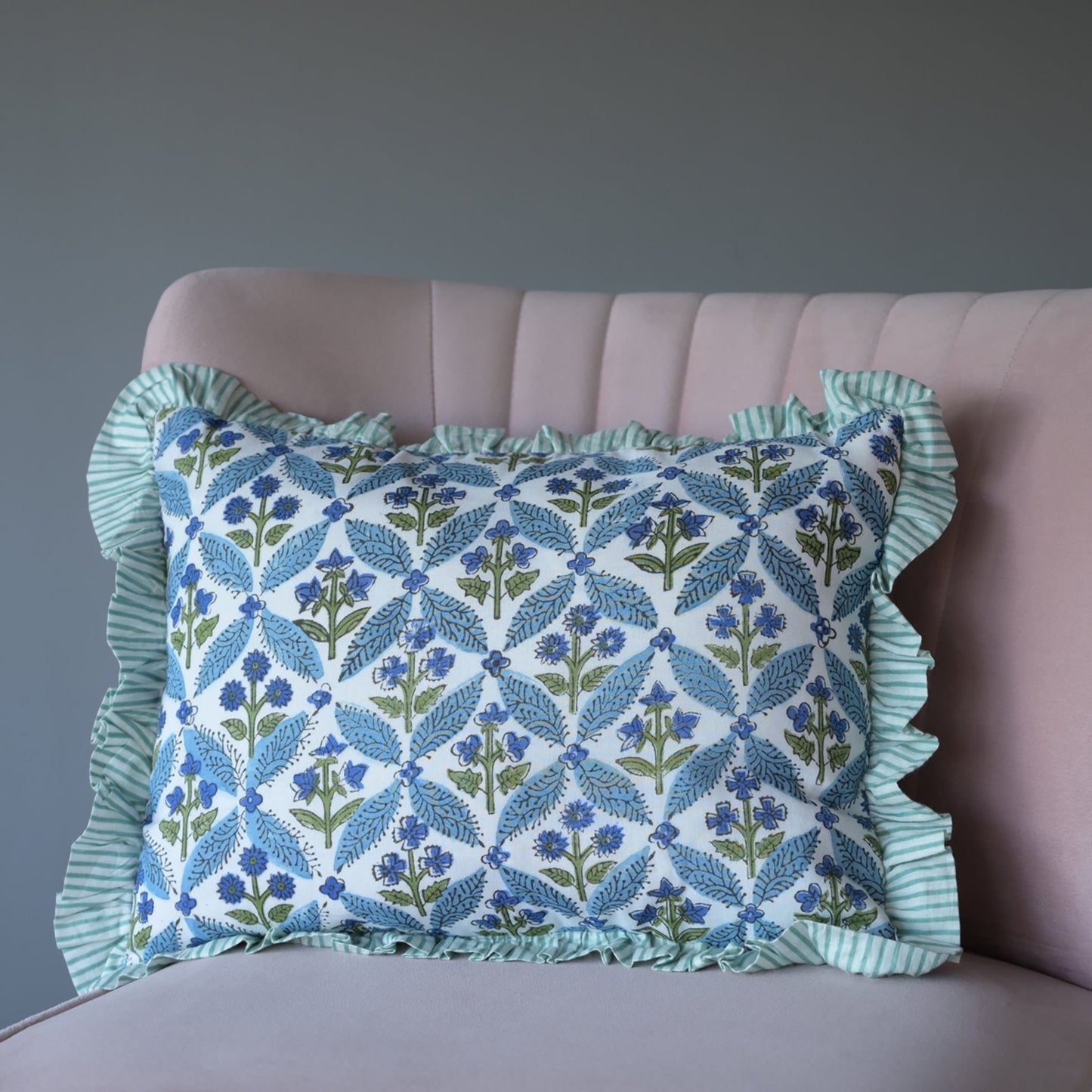 Cushions Small Ruffle Cushion - Blue Floral Symmetrical Green & White Frill 19123