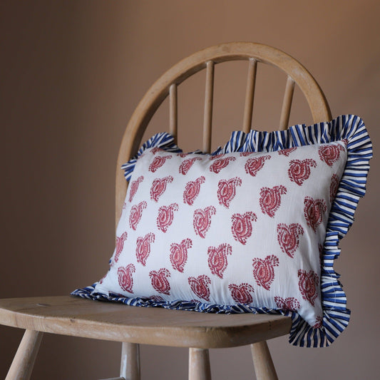 Cushions Small Ruffle Cushion - Brick Red Paisley with Blue Stripe Frill 19841
