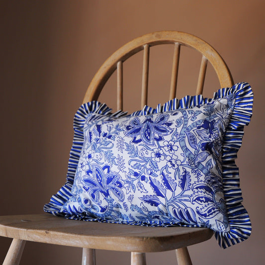 Cushions Small Ruffle Cushion - Climbing Flowers - Blue on White with Blue Stripe Frill. 19840