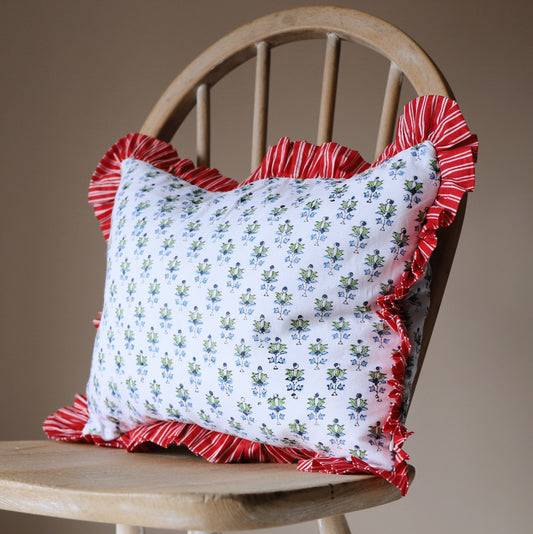 Cushions Small Ruffle Cushion - Green/Blue Flowers Red Stripe Ruffle 19836