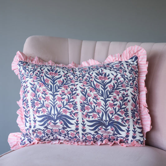 Cushions Small Ruffle Cushion - Navy & Pink Botanical 19135