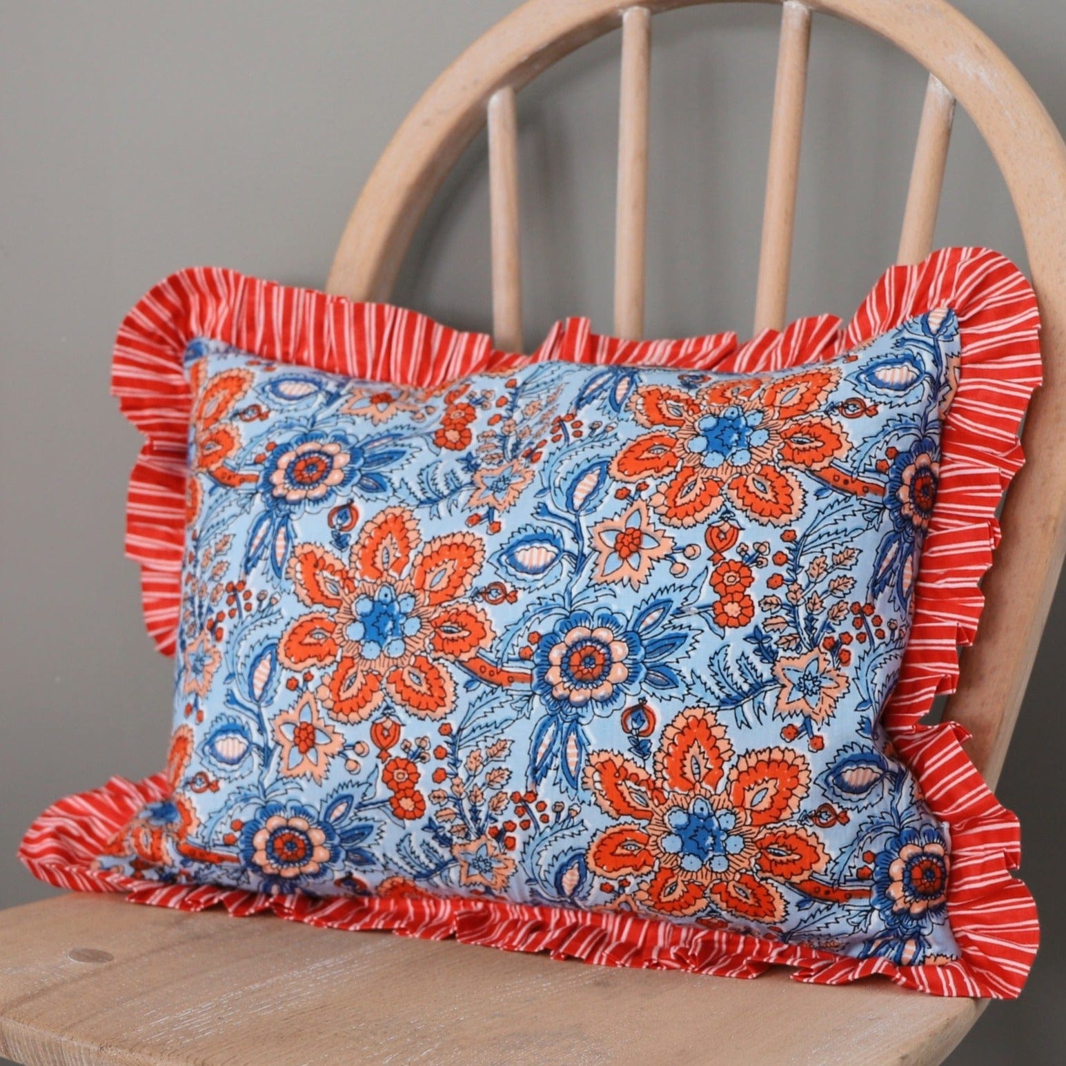 Chippa Arts (Nitin) Cushions Small Ruffle  Cushion - Orange Flowers on Denim Blue 19471