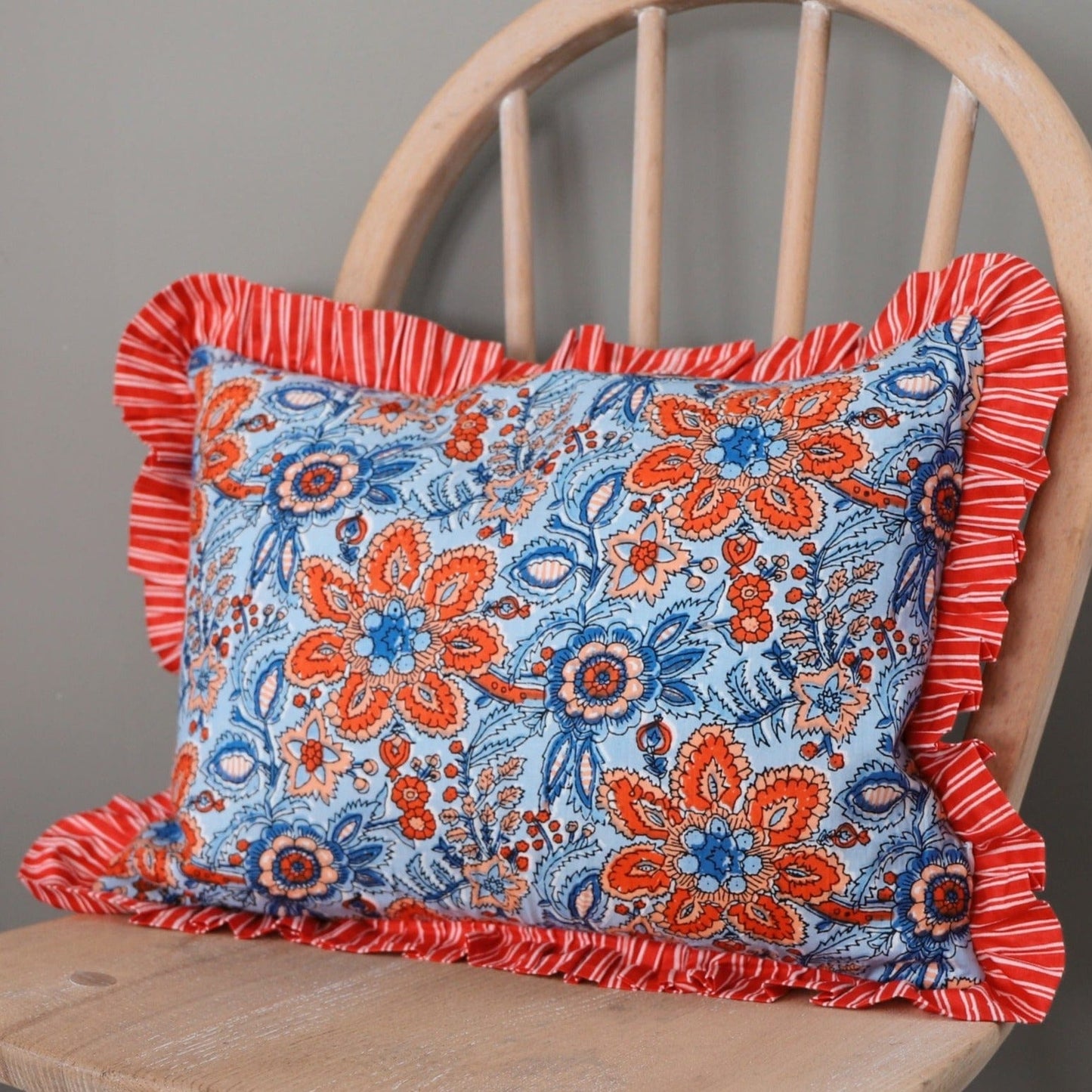 Cushions Small Ruffle  Cushion - Orange Flowers on Denim Blue 19471