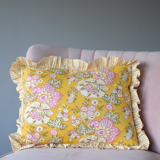 Cushions Small Ruffle  Cushion - Pink Flowers on Ochre 19128