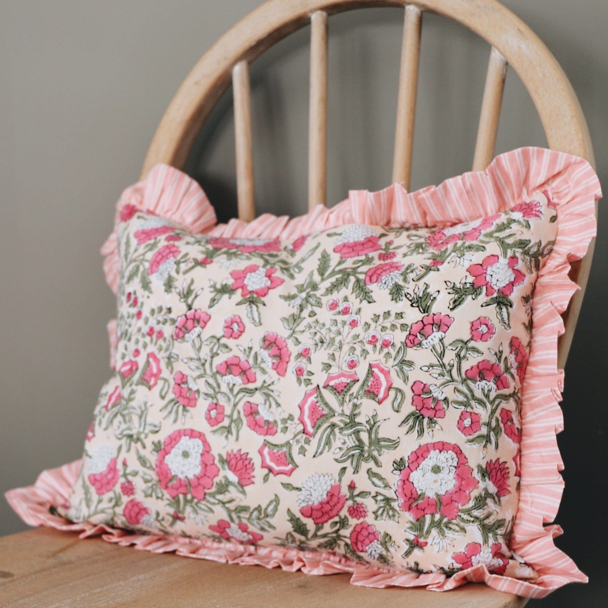 Cushions Small Ruffle Cushion - Pink & Green Flowers on Blush 19478