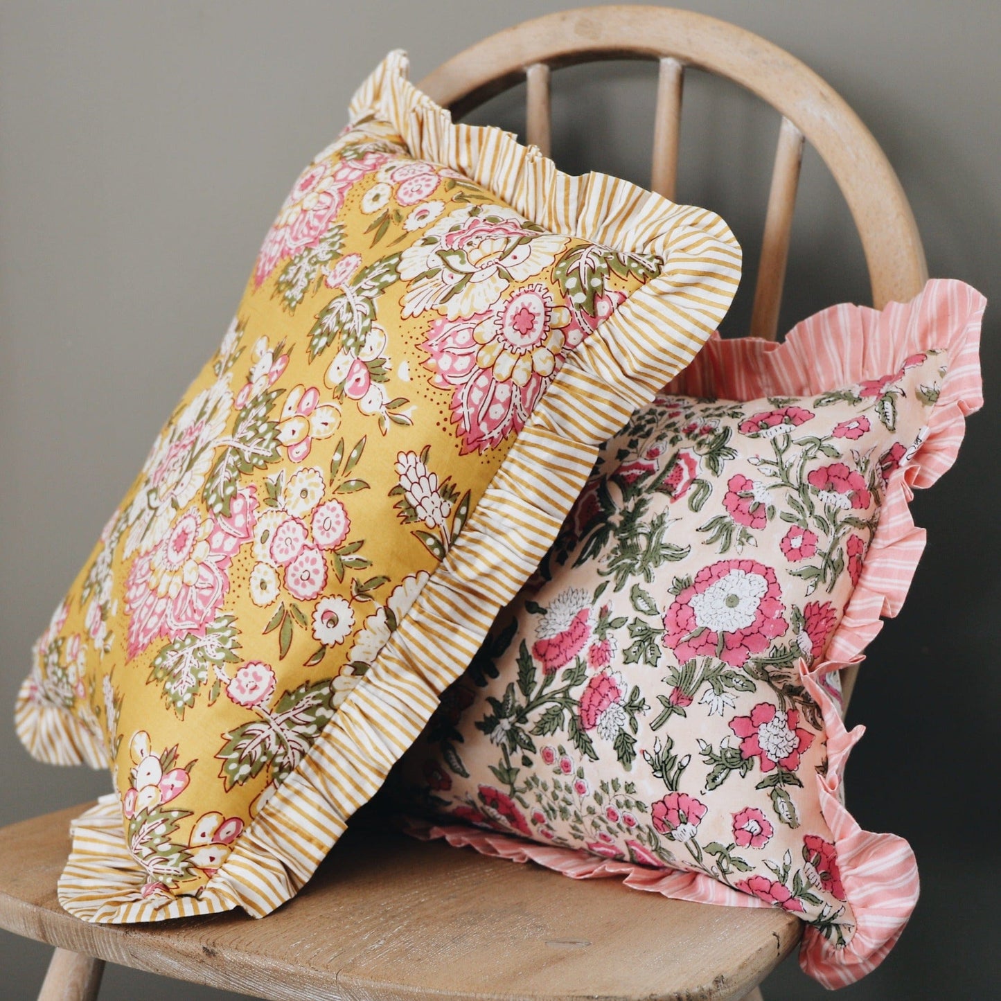 Cushions Small Ruffle Cushion - Pink & Green Flowers on Blush 19478