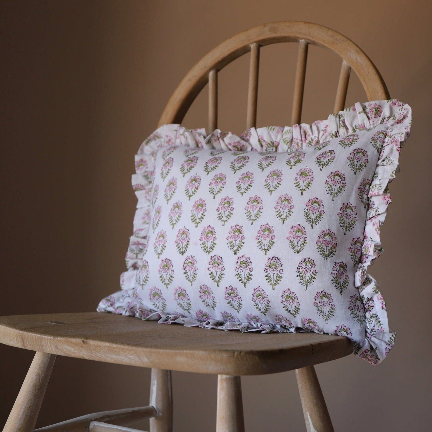 Chippa Arts (Nitin) Cushions Small Ruffle Cushion - Powder Pink Flowers on White 19844