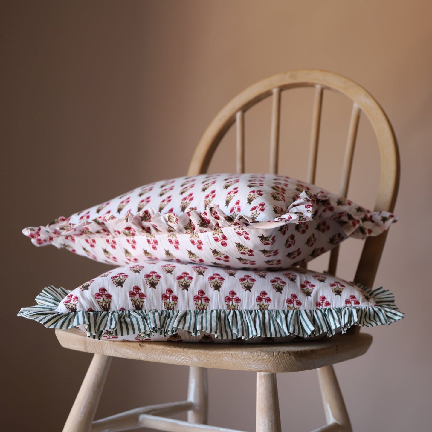 Chippa Arts (Nitin) Cushions Small Ruffle Cushion - Raspberry & Pea-Green Flowers