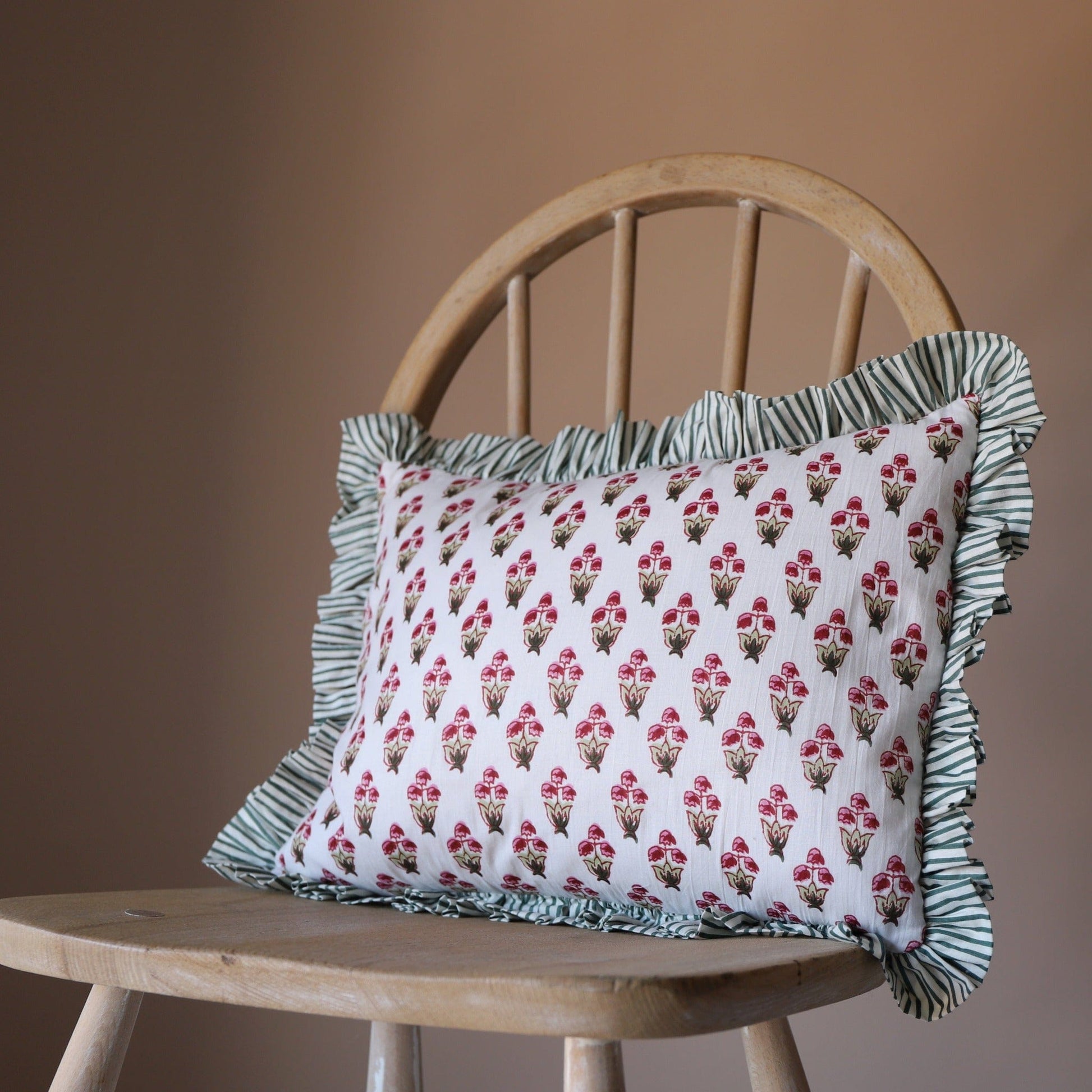Chippa Arts (Nitin) Cushions Small Ruffle Cushion - Raspberry & Pea-Green Flowers Green/White Stripe Frill 19837