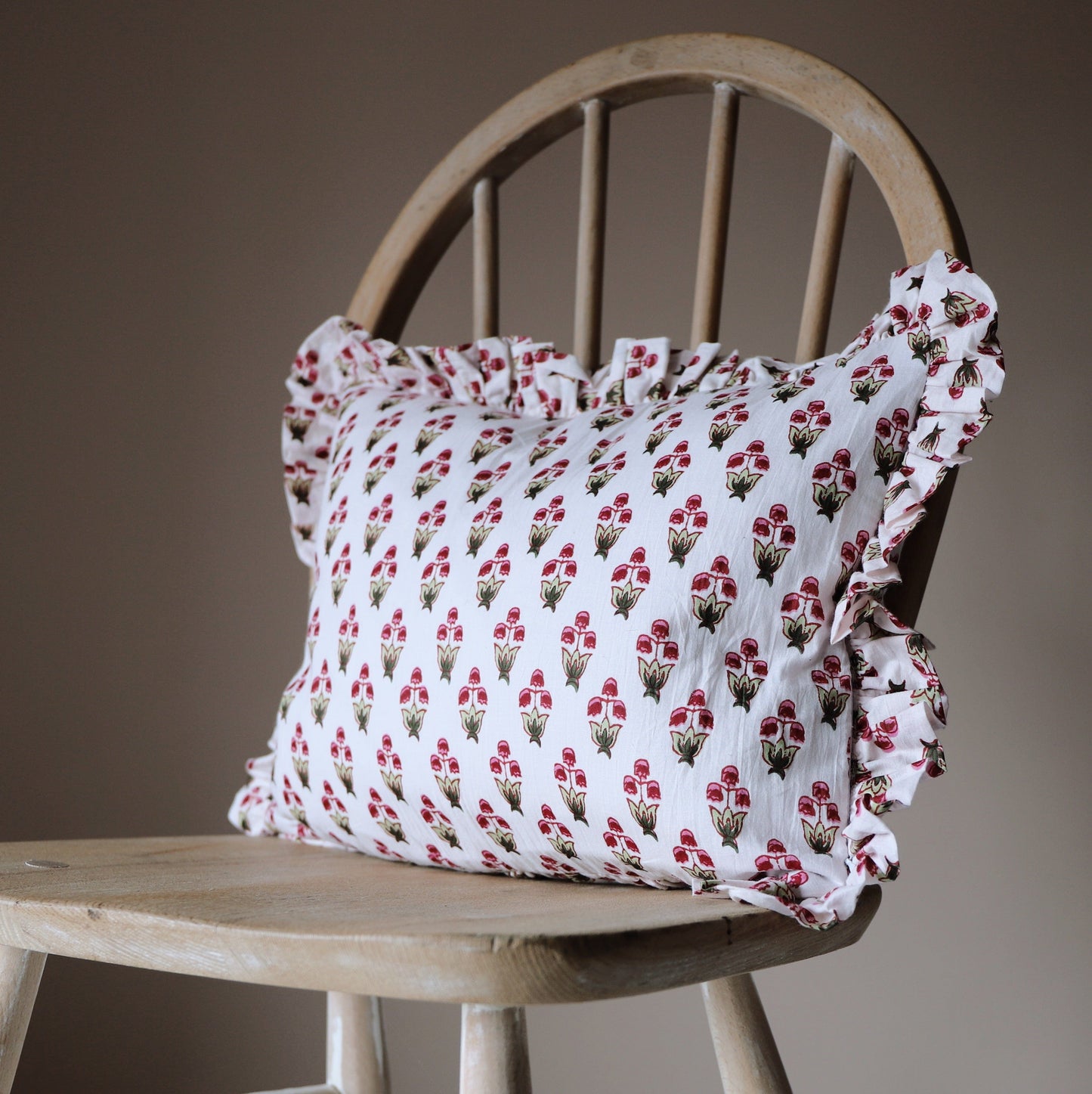 Chippa Arts (Nitin) Cushions Small Ruffle Cushion - Raspberry & Pea-Green Flowers Matching Frill 19834