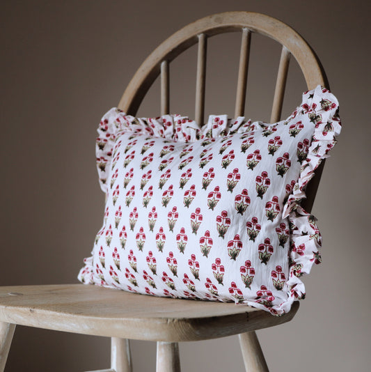 Cushions Small Ruffle Cushion - Raspberry & Pea-Green Flowers Matching Frill 19834