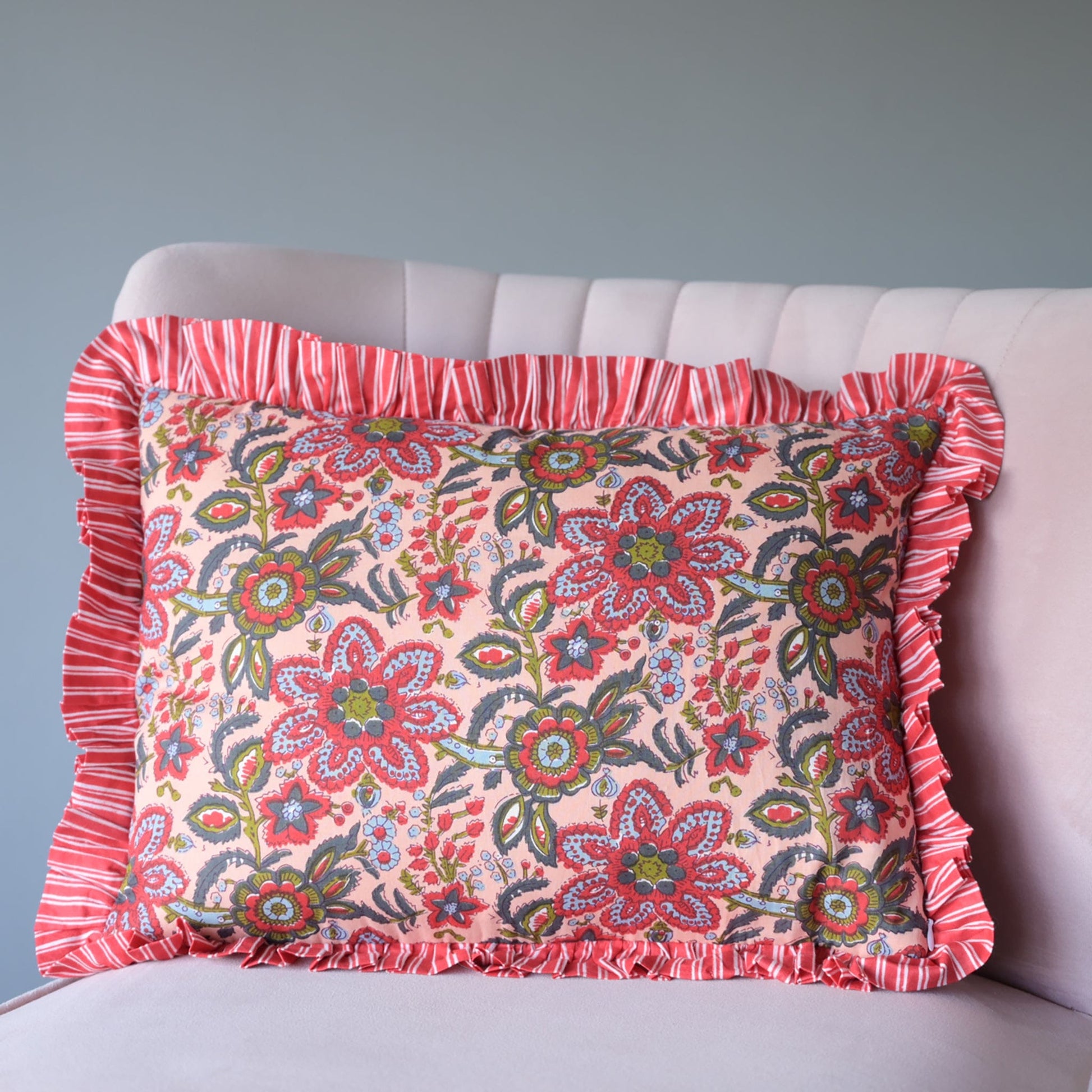 Chippa Arts (Nitin) Cushions Small Ruffle Cushion - Red Floral on Peach 19127