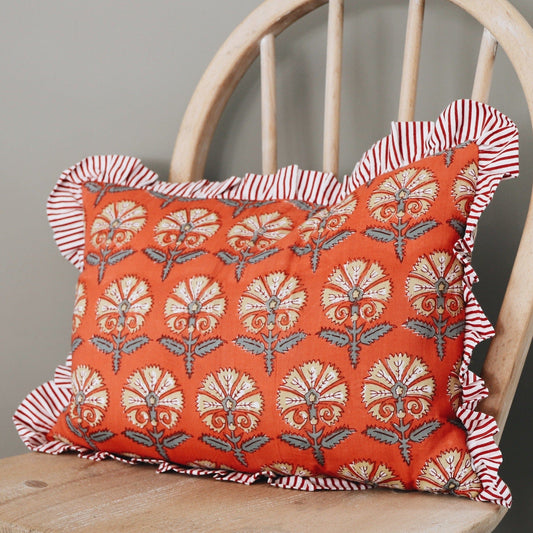 Cushions Small Ruffle Cushion - Sand and Grey Flowers on Firebrick Red 19474