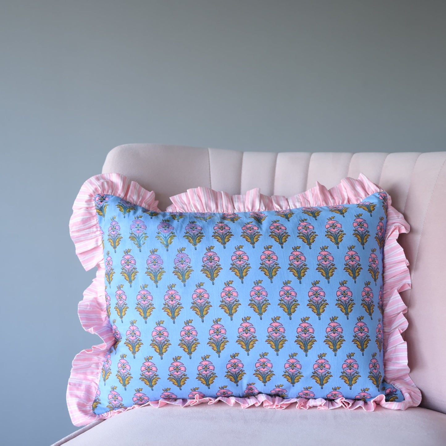Cushions Small Ruffle Cushion - Small Pink Flowers on Blue 19130