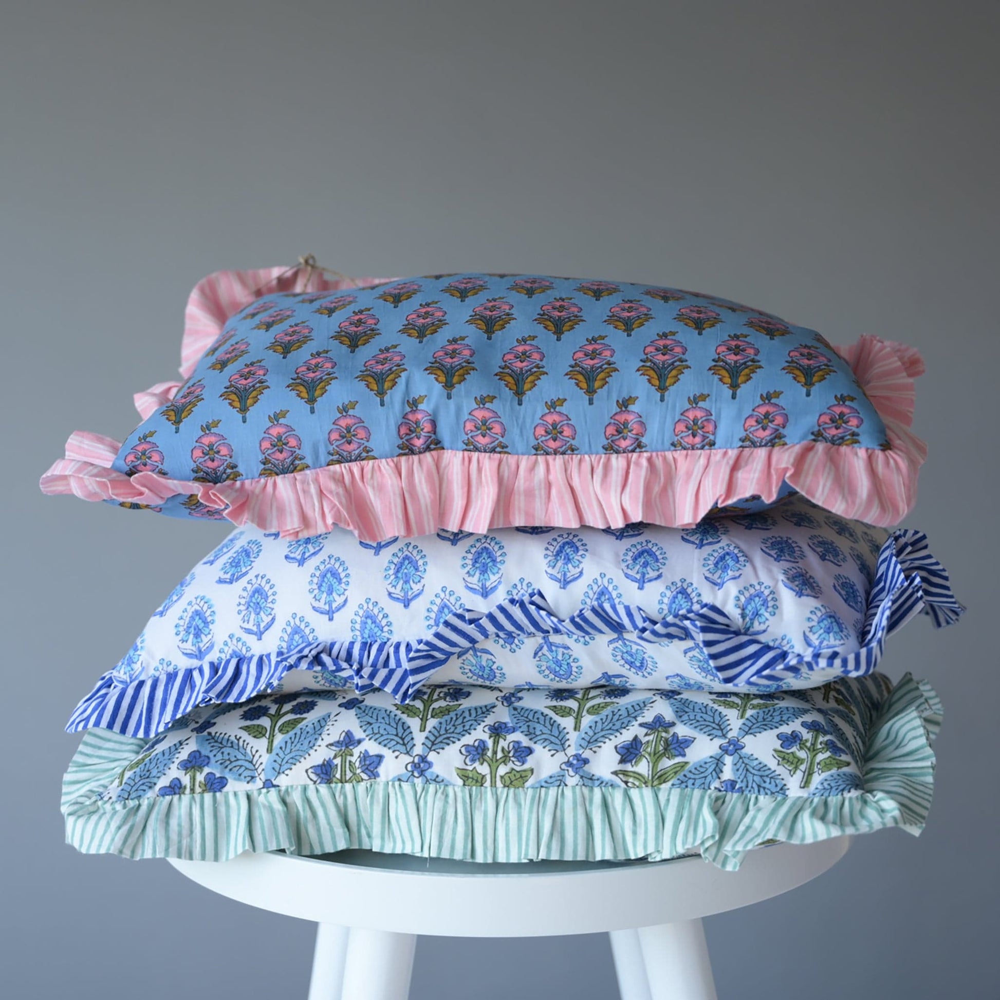Cushions Small Ruffle Cushion - Small Pink Flowers on Blue 19130