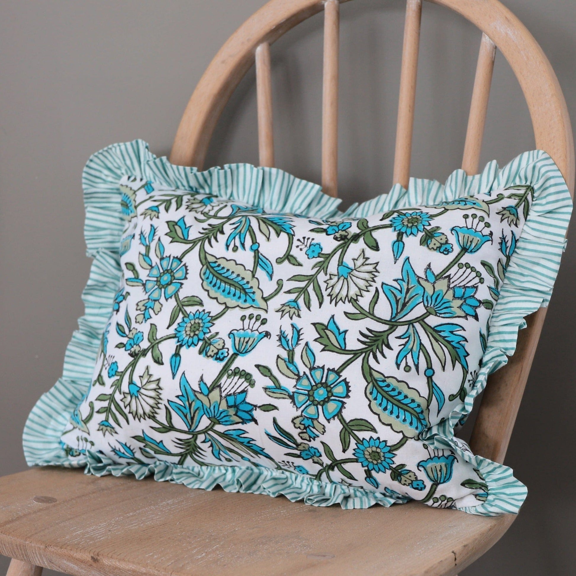 Chippa Arts (Nitin) Cushions Small Ruffle Cushion - Turquoise and Olive Flowers on White 19479